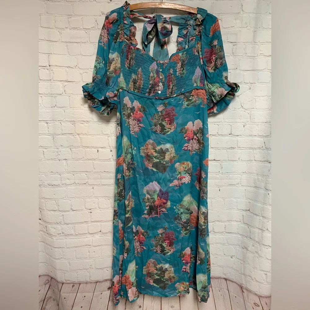 NWOT Anthropologie Teal Floral Smocked Puff Sleeve Midi Dress S - Picture 5 of 9